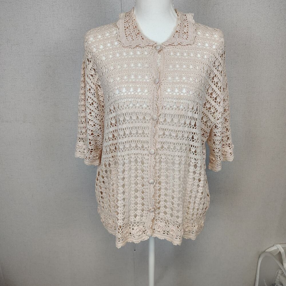Victoria Jones Open Knit Crochet boho Cardigan Beige Floral Button Front Large